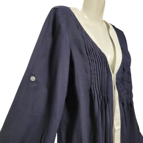 𝅺dark Blue Long Sleeve Cotton Blouse Top with White Trim Various Size S - Picture 3 of 8